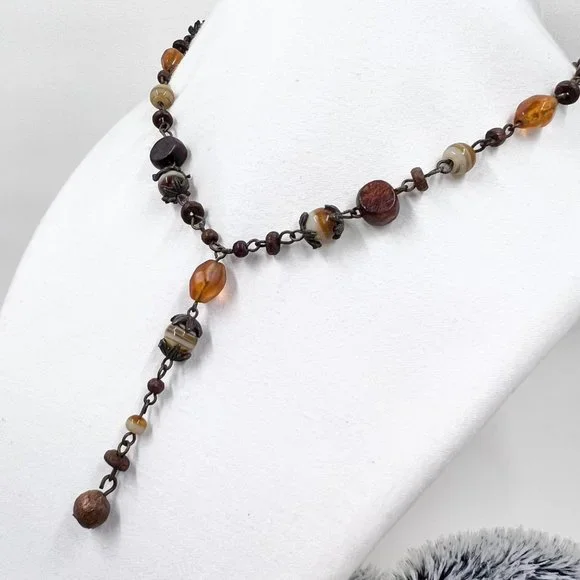 NWOT - NY & CO - Brown, Orange & Cream Beaded BOHO Style “Y” 16” Necklace - Picture 2 of 8